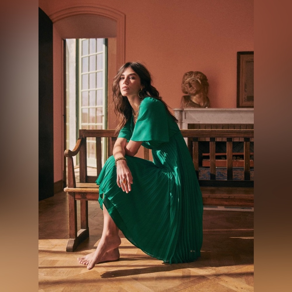 Sezane Emerald Green Pleated Midi Dress - Picture 2 of 8